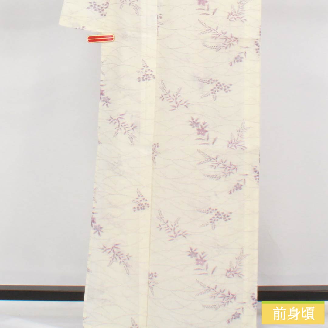 Summer linen tsumugi (pongee) kimono, length 165cm, sleeve length 69cm, milky white (nyuhakushoku) Ojiya-chijimi (Ojiya-style silk) with floral and gauze patterns, rank A, white, product number 1132002683511