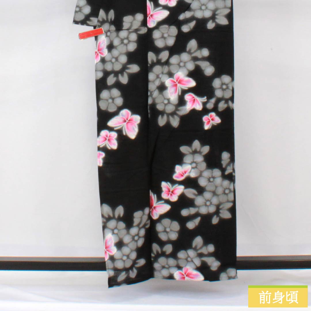 Cotton Yukata, Length 158.5cm, Sleeve Length 64.5cm, S Rank, Single Layer, Black, Butterfly and Flower Design, 1118006152310