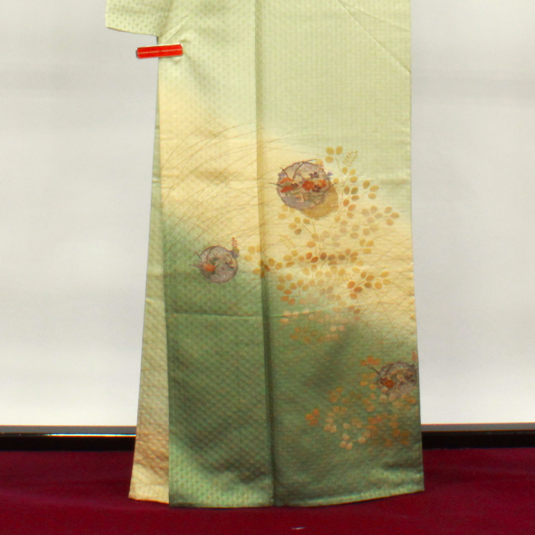 訪問着 正絹 単衣 身丈165.5cm 裄丈67cm 薄柳色 刺繡 萩 しつけ糸付き 未使用品 パールトーン加工 Sランク 緑系 1112003272519