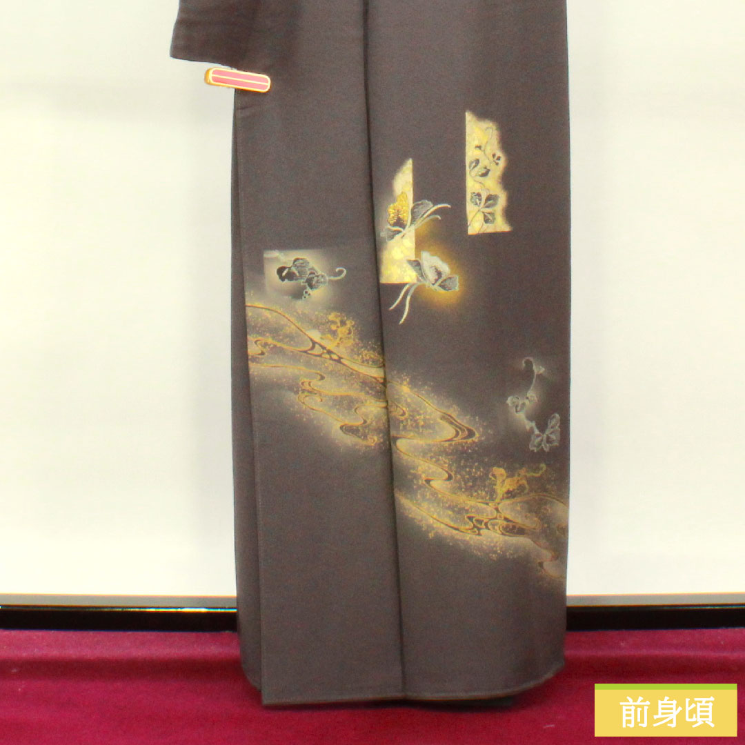 訪問着 正絹 袷 身丈161cm 裄丈66.5cm 黝色(ゆうしょく) 京友禅 蝶 蔦 流水 Sランク グレー系 1112004162422