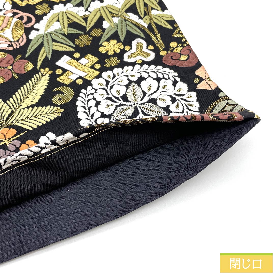 袋帯 正絹 黒色 宝尽くし 松竹梅 古典柄 帯丈443cm Sランク 六通 セミフォーマル 黒系 1123010842310