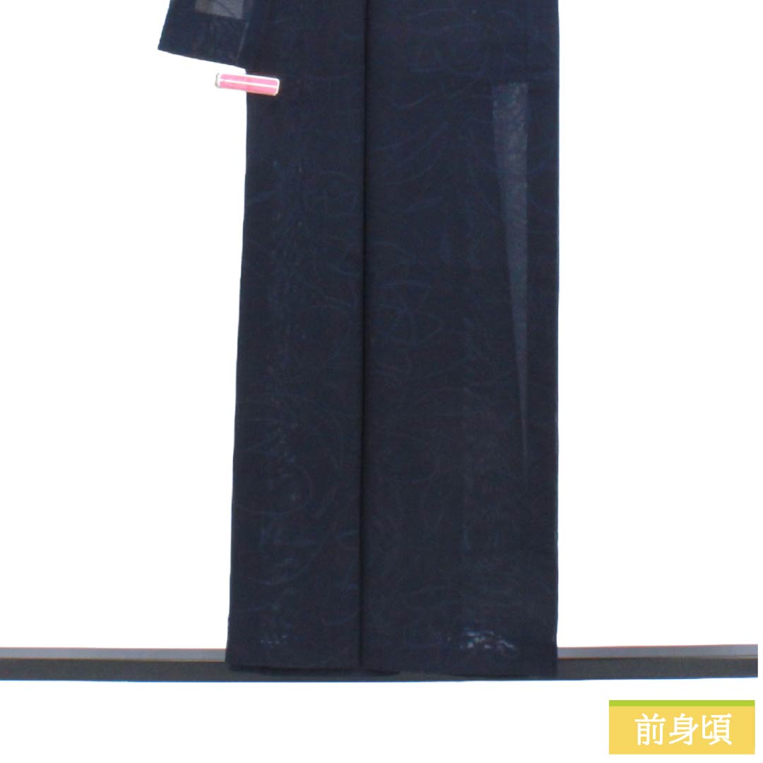 夏物 正絹 色無地 Bランク 身丈154.5cm 裄丈62.5cm 濃紺色(のうこんいろ) 草花模様 紗 紺系 1132004334218