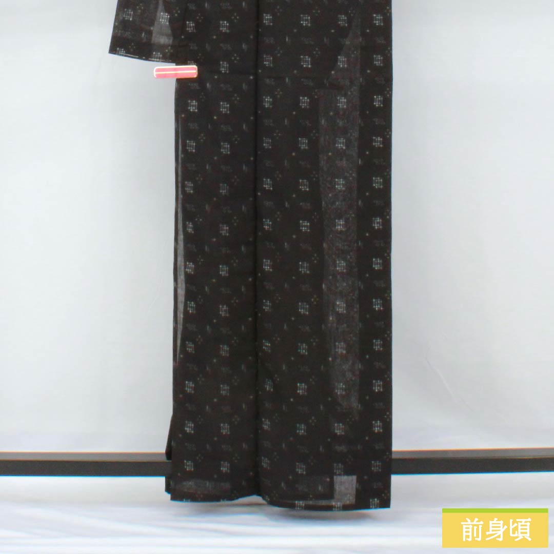 Summer kimono, polyester, small pattern, length 162cm, sleeve length 65cm, Ryukyu Kasuri style, washable kimono, gauze, S rank, black, 1132001952410