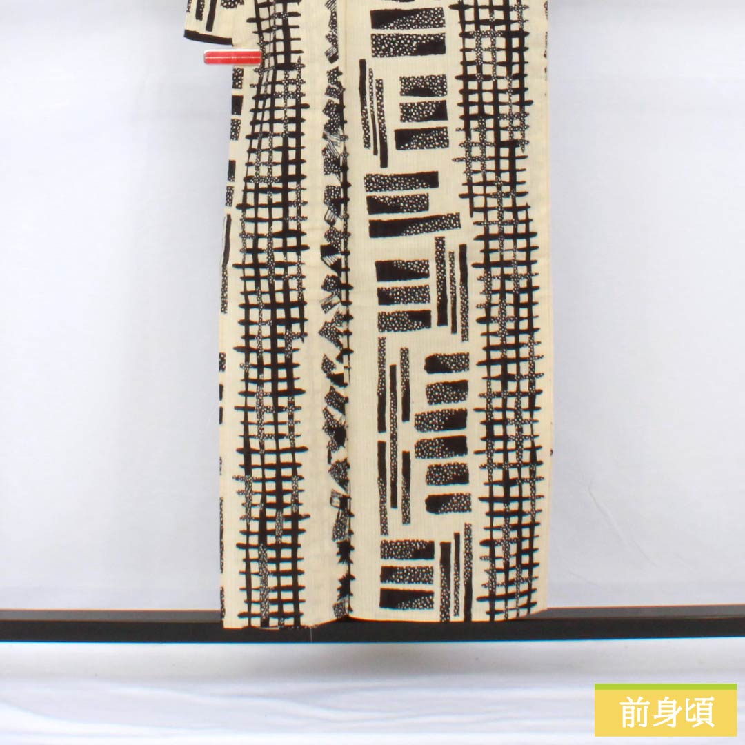 浴衣 綿麻 身丈154cm 裄丈71.5cm Aランク 単衣 ベージュ系 砥粉色(とのこいろ) 男物 幾何学模様 1118005423225