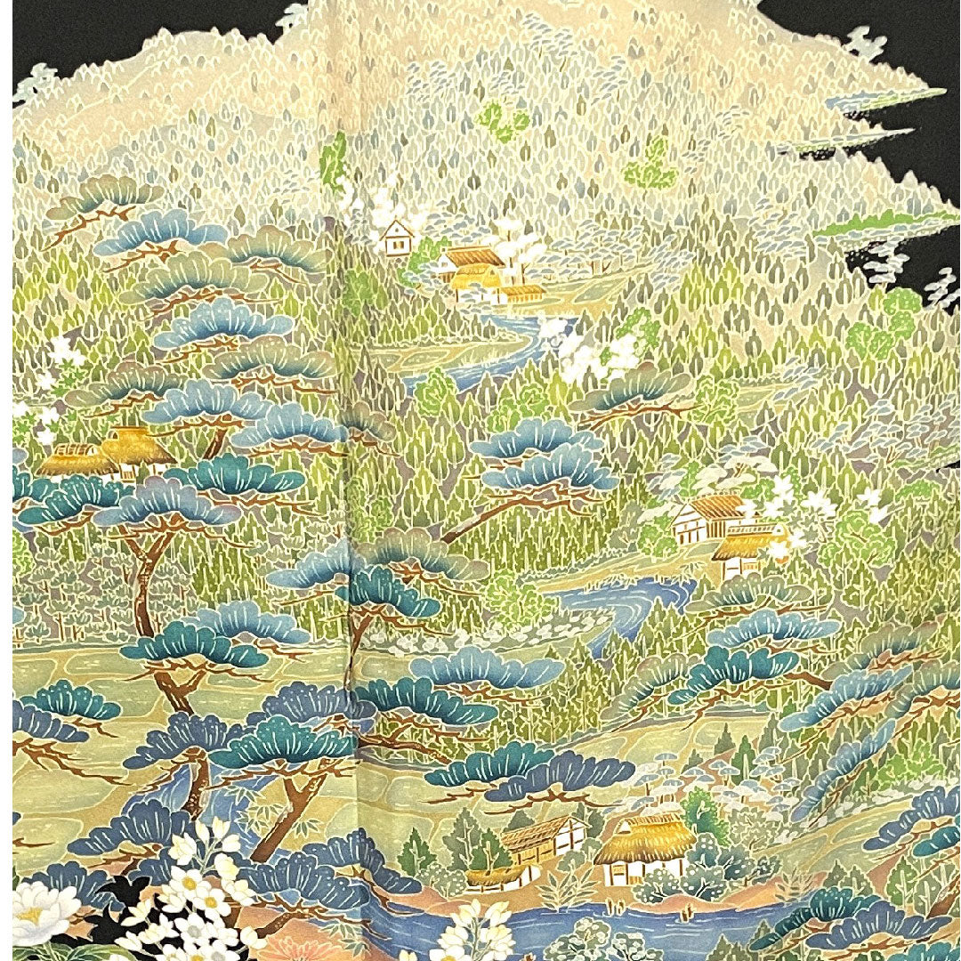 黒留袖 身丈168.5cm 裄丈62cm 袷 作家物 茶屋辻 草花模様 丸に花菱 正絹 Aランク 五つ紋 黒系 1111000473510