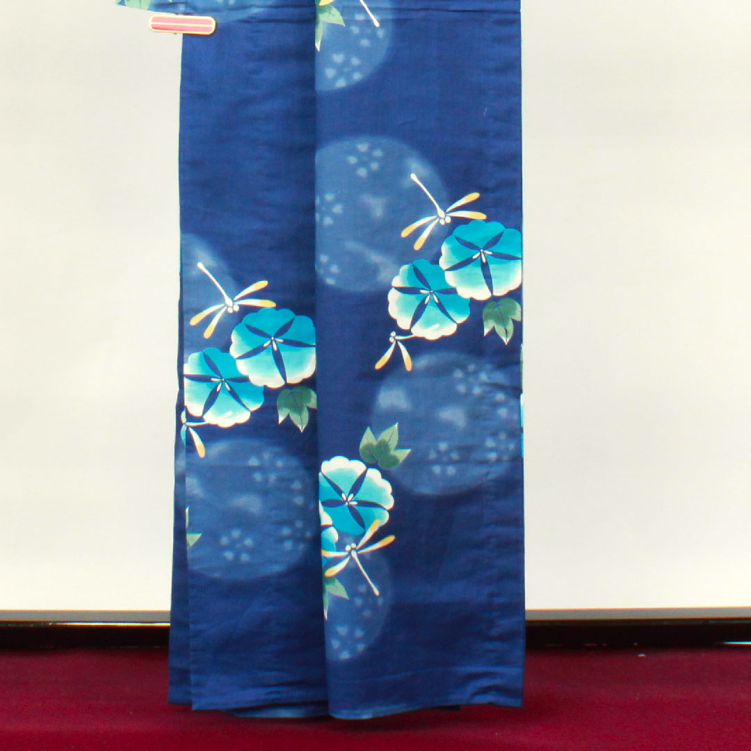 浴衣 しつけ糸付き 未使用品 紺瑠璃色 トンボ 朝顔 木綿 Sランク 単衣 身丈163.5cm 裄丈67.5cm 紺系 1118002202418