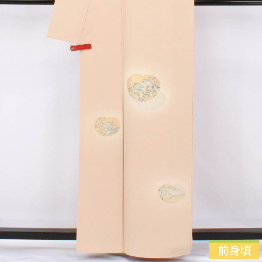 訪問着 正絹 Aランク 袷 身丈161cm 裄丈66cm 薄肉色(うすにくいろ) 一つ紋 陰上り藤 縫い取り 風景画 付下げ 橙系 1112007143426