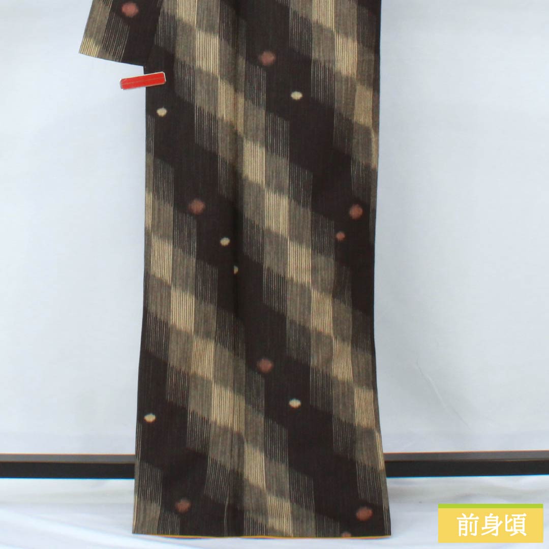 小紋 ポリエステル 身丈166.5cm 裄丈69cm 袷 網代 水玉 洗える着物 Sランク 黒系 1115005862510