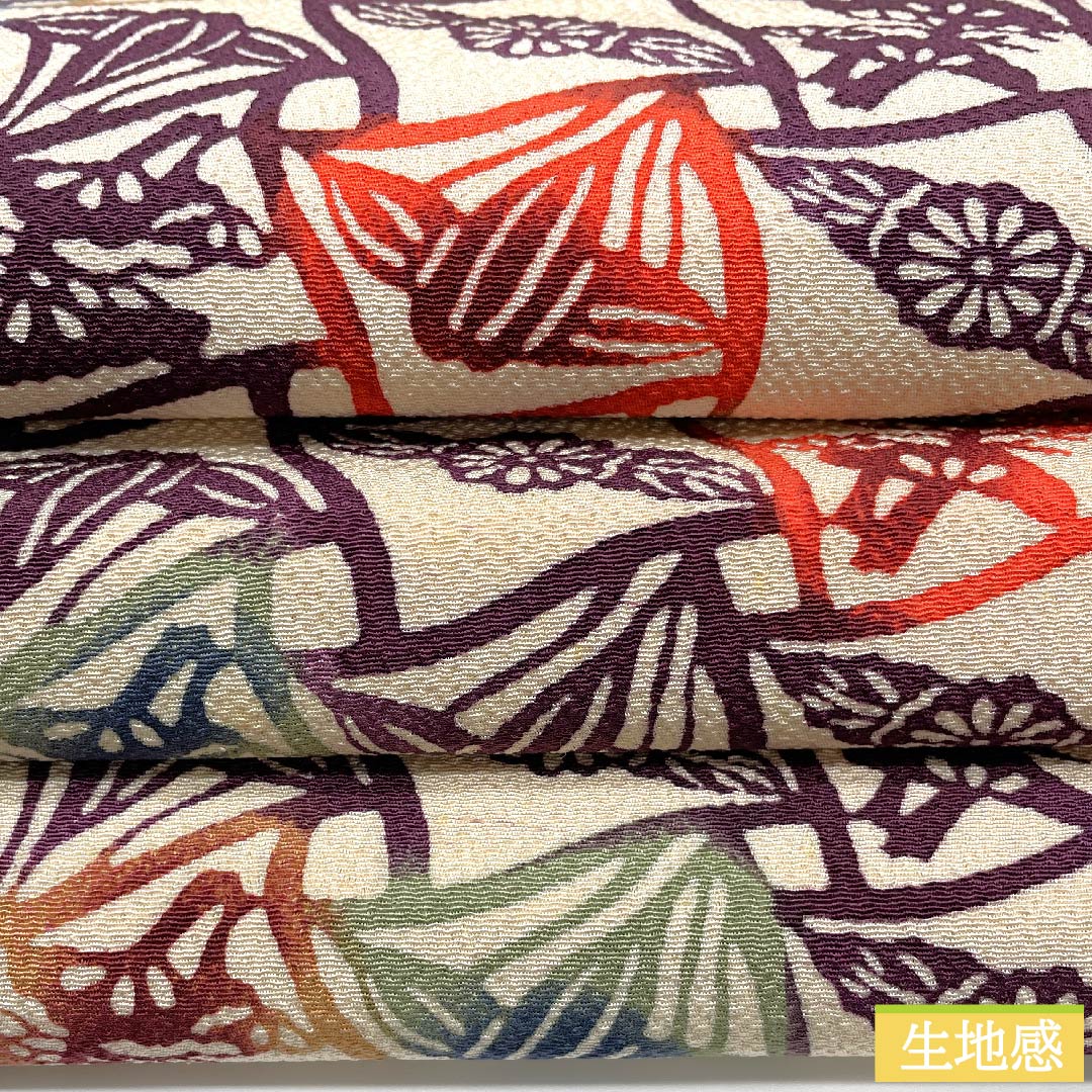 名古屋帯 生成り色(きなりいろ)染帯 菊 松 帯丈336cm 正絹 Aランク 全通 カジュアル クリーム系 1124006233315 名古屋仕立て