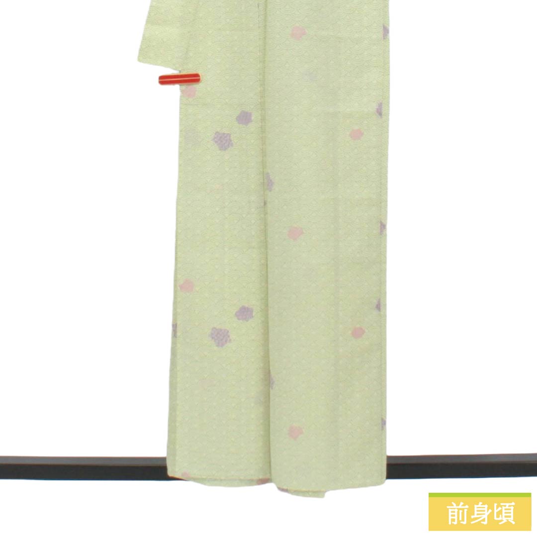 夏物 ポリエステル 小紋 Sランク 身丈156.5cm 裄丈62.5cm 硫黄色(いおういろ) 青海波 抽象模様 洗える着物 絽 緑系 1132003412319