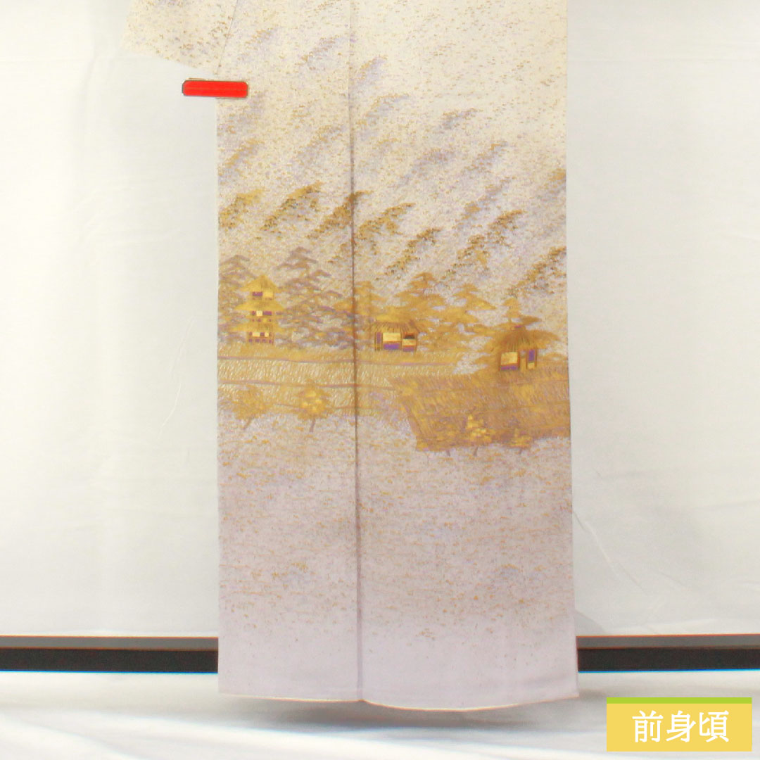 訪問着 正絹 袷 身丈158cm 裄丈62cm 銀白色(ぎんはくしょく) 京友禅 風景模様 パールトーン加工 作家物 Aランク グレー系 1112004963322