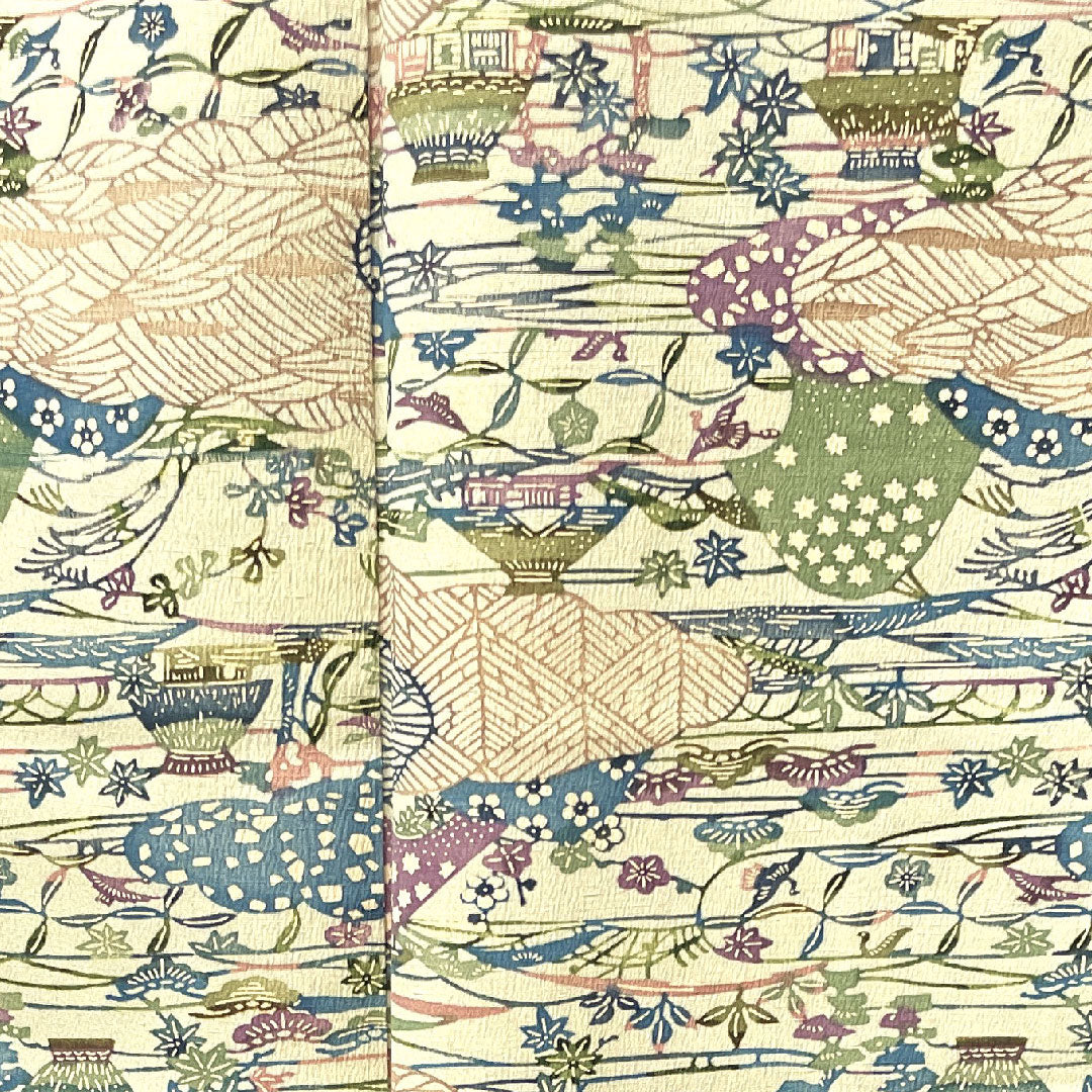 小紋 身丈154.5cm 裄丈61.5cm 袷 砥粉色 紅型 風景模様 正絹 Aランク クリーム系 1115003083215