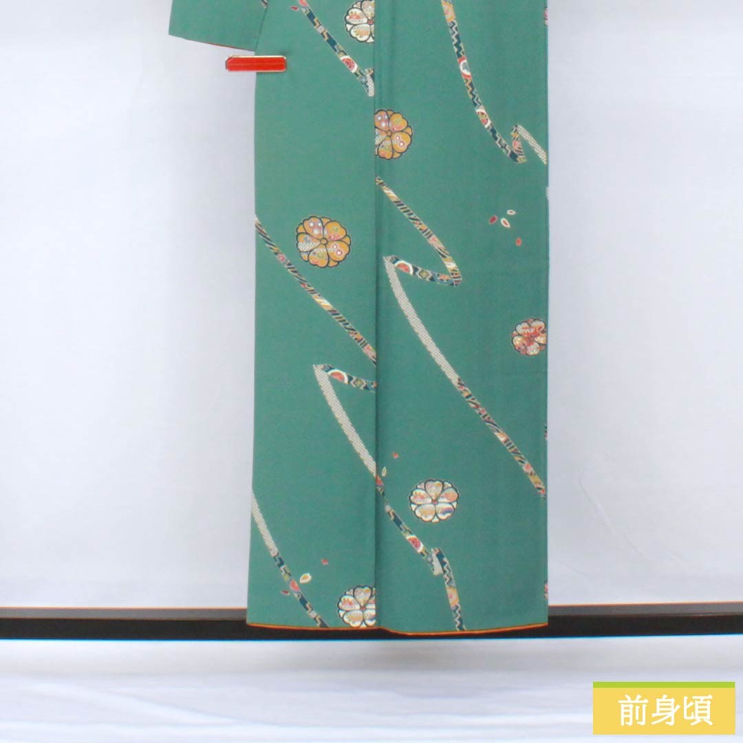 小紋 正絹 身丈152.5cm 裄丈64.5cm 袷 山藍摺色(やまあいずりいろ) 型染 熨斗 花柄 スコッチガード Bランク 緑系 1115005484219