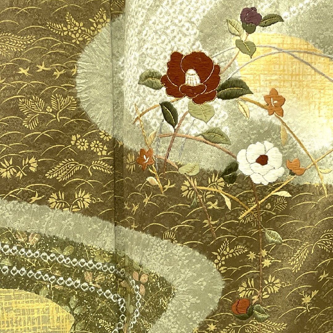 訪問着 袷 身丈163.5cm 裄丈64cm 絞り 刺繍 正絹 Sランク 緑系 1112000292419