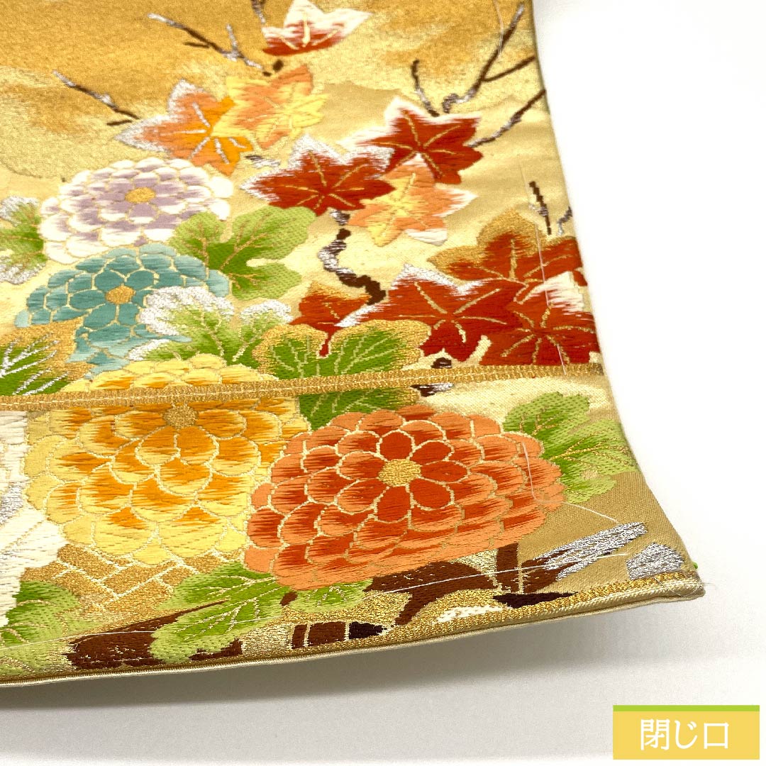 袋帯 薄卵色(うすたまごいろ) 御所車 牡丹 菊 紅葉 帯丈404cm 正絹 Sランク 六通 フォーマル クリーム系 1123010122315