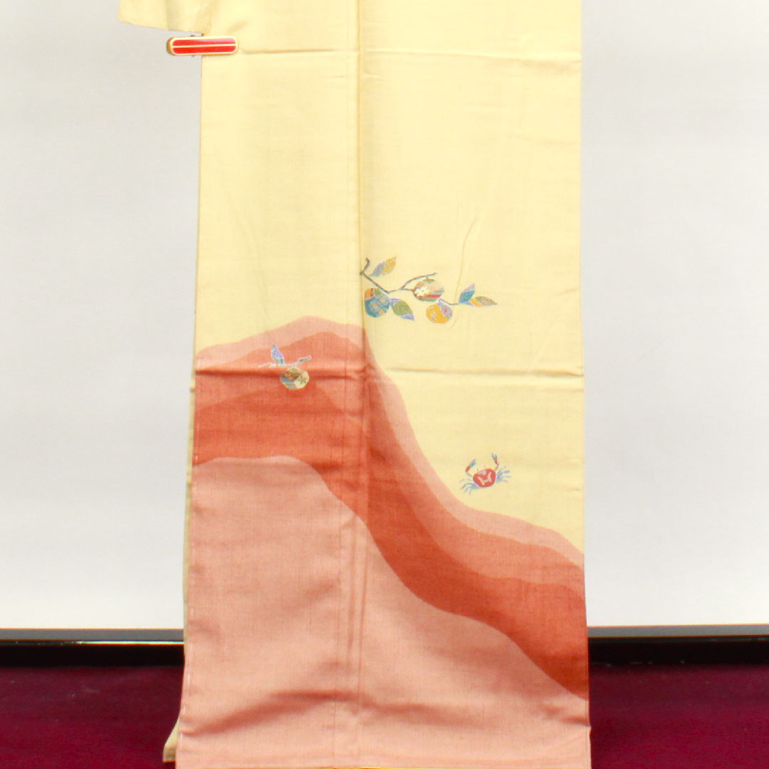 Homongi, lined, length 169cm, sleeve length 69cm, light egg color, Monkey and Crab Battle, pongee fabric, pure silk, S rank, cream color, 1112002612515