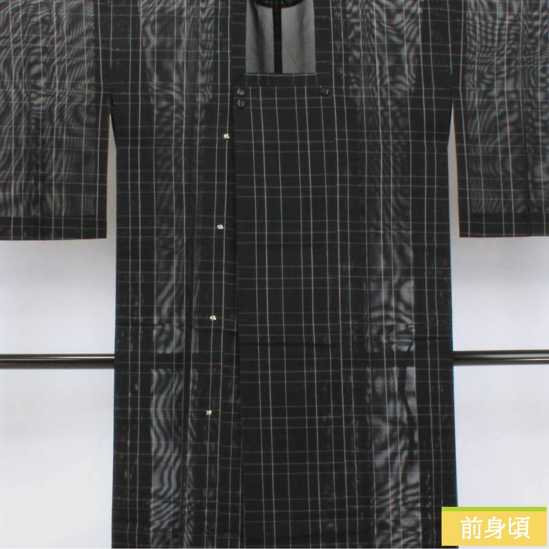 雨コート ポリエステル Sランク 身丈126cm 裄丈63cm 格子 収納ケース付き 紗 黒系 1117001242910