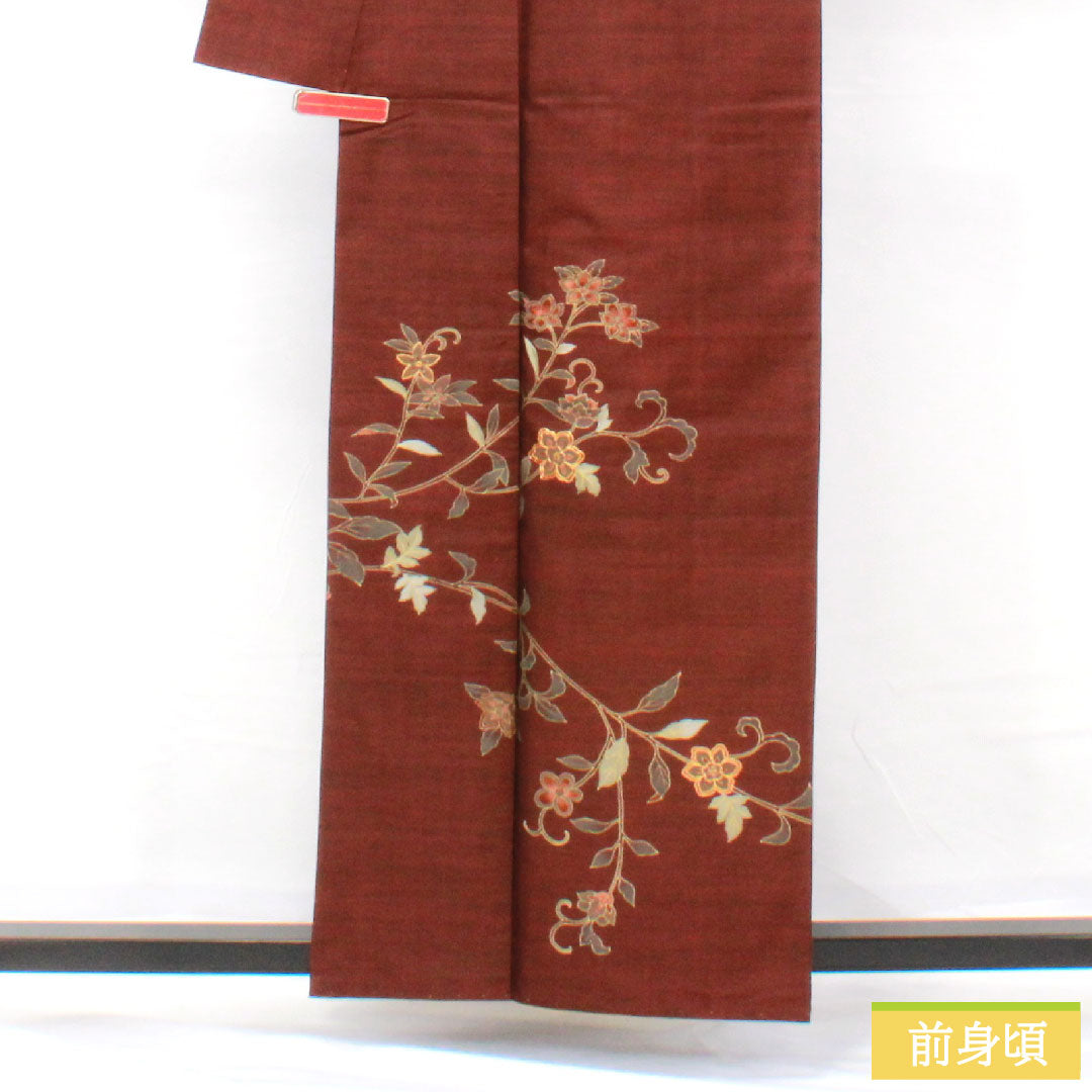 訪問着 正絹 袷 身丈158.5cm 裄丈65cm 生臙脂色(しょうえんじいろ) 大島紬地 紬地 蘇州刺繡 草花模様 Aランク 赤系 1112005493312