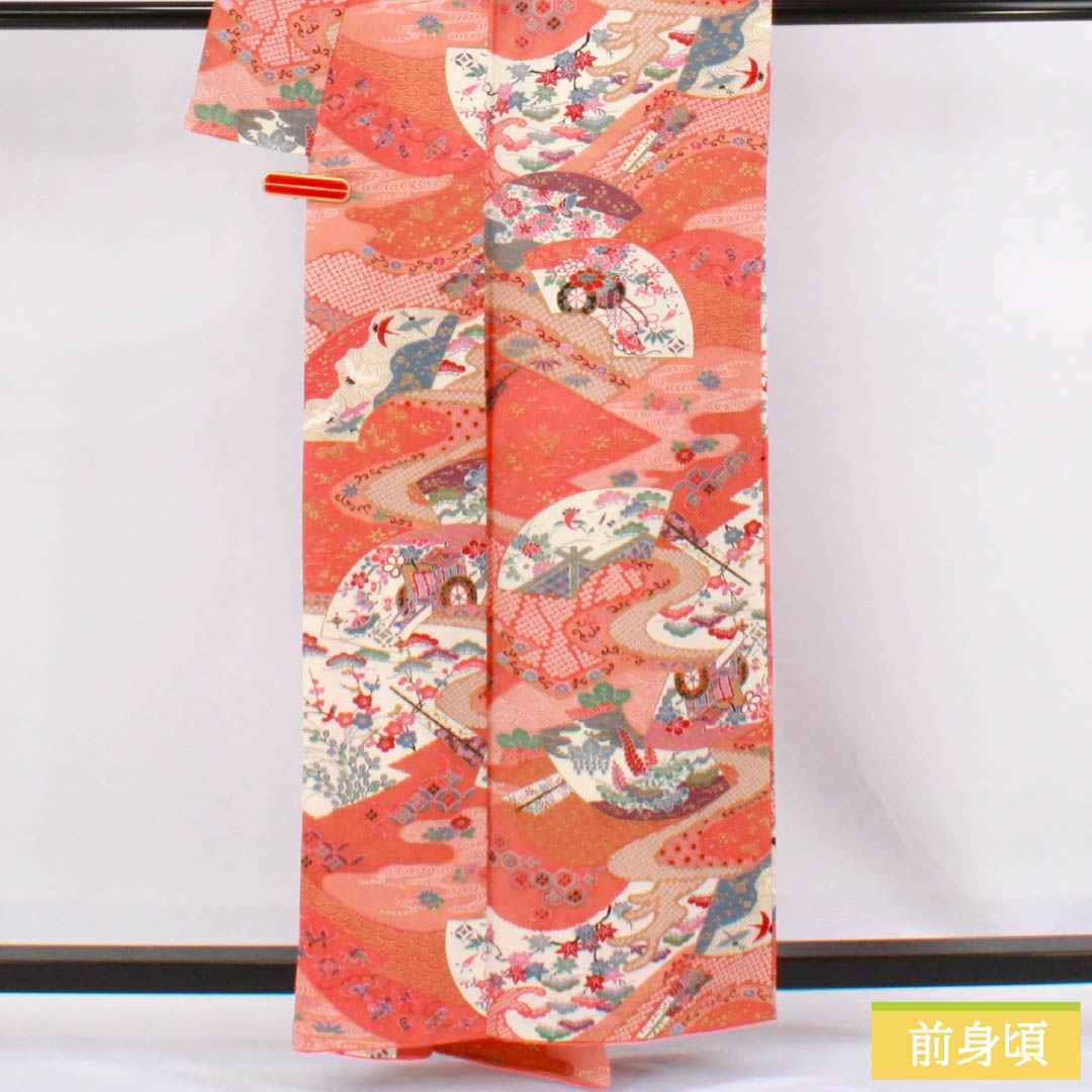 Komon silk kimono, S rank, length 159cm, sleeve length 66.5cm, lined, medium crimson (nakabeniiro) and scarlet (hiiro) with a fan-shaped classic pattern, red tones, product number 1115006672312