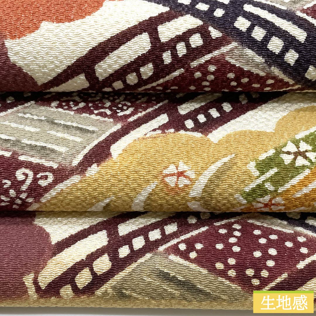 名古屋帯 生成り色 型染 京紅型 古典柄 雲取り ちりめん地 帯丈362cm 正絹 Sランク 六通 カジュアル 白系 1124005802311 名古屋仕立て