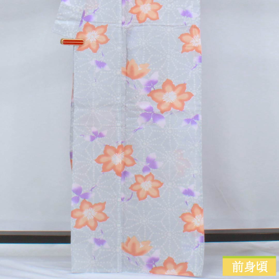 浴衣 木綿 身丈164.5cm 裄丈67.5cm Sランク 単衣 グレー系 白銅色(はくどういろ) 麻の葉 花 1118006522422