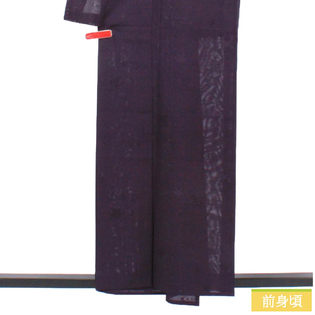 夏物 正絹 色無地 Aランク 身丈158cm 裄丈65cm 茄子紺色(なすこんいろ) 流水 紅葉 絽 紫系 1132004523320