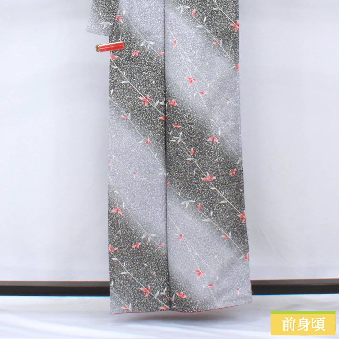 小紋 ポリエステル 身丈159.5cm 裄丈65cm 袷 青袋鼠色(せいたいねずいろ) タタキ染 草木模様 洗える着物 しつけ糸付き Sランク グラデーション系 1115005882399