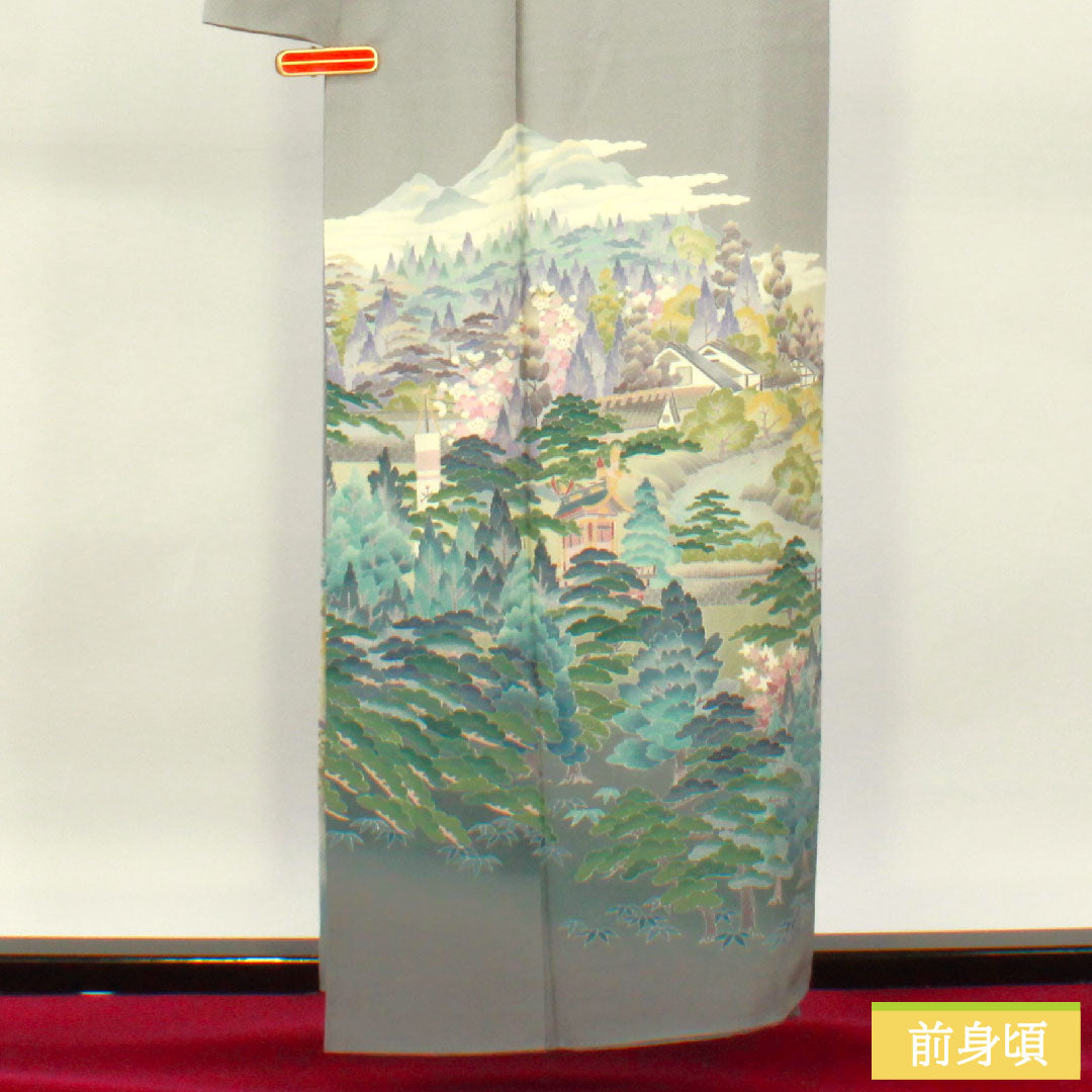 彩色留袖、纯丝、长度 157 厘米、袖长 63.5 厘米、衬里、锡色、风景图案、三个徽章、常春藤、艺术家的作品、飞騨高山、珍珠色调、A 等级、灰色、1111001363322