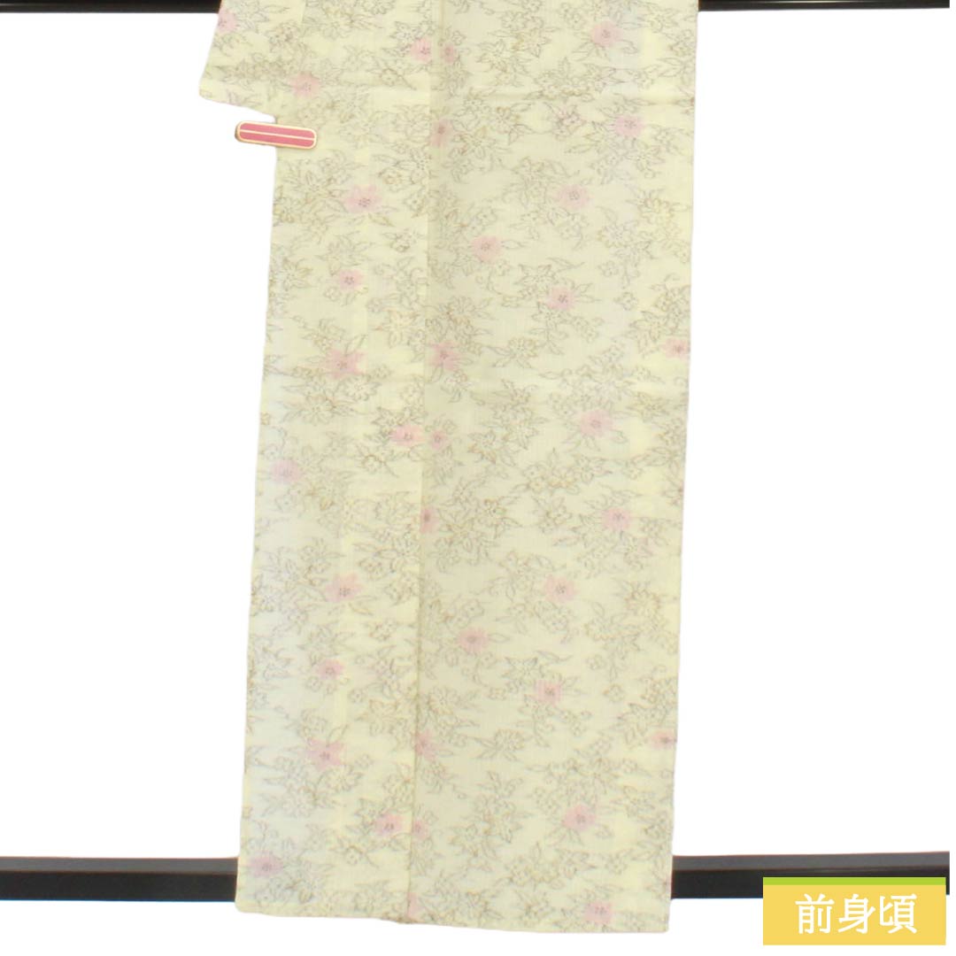 夏物 ポリエステル 紬 Aランク 身丈158.5cm 裄丈63cm 白百合色(しらゆりいろ) 洗える着物 草花模様 紗 黄系 1132007193323