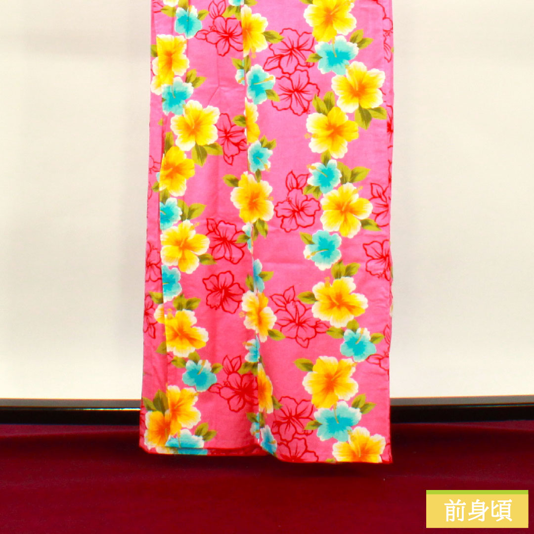 Yukata Cotton Length 162cm Sleeve length 66.5cm S rank Single layer Pink Hagi-iro (Hagi-iro) Hibiscus 1118005072413