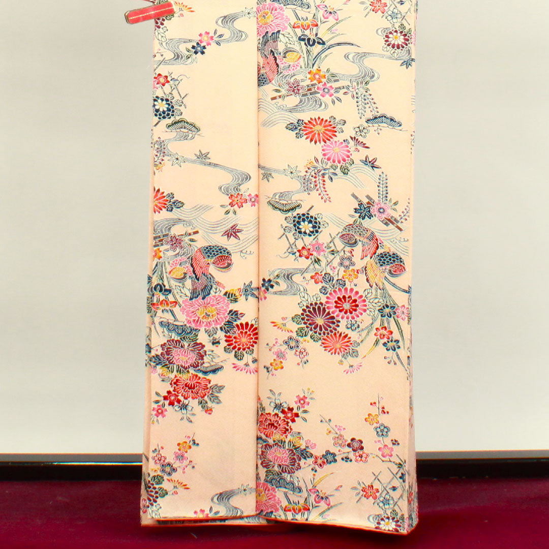 小紋 身丈163cm 裄丈66cm 袷 しつけ糸付き 未使用品 薄橙色 京紅型 吉祥文様 鴛鴦 正絹 Sランク ピンク系 1115003452413