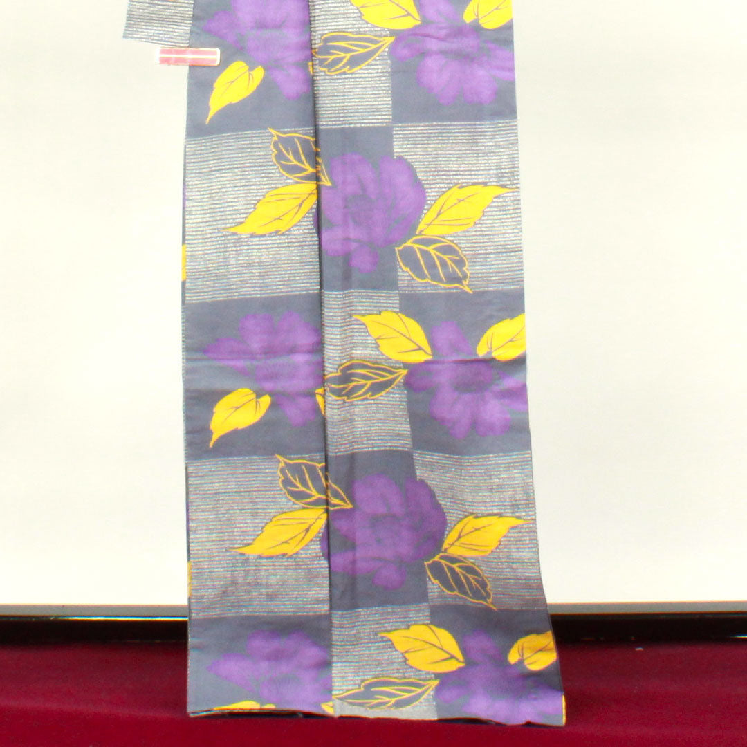 Yukata with basting thread, unused, gray-blue color, floral pattern, checkered pattern, cotton, S rank, single layer, length 170cm, sleeve length 67cm, gray 1118002172622