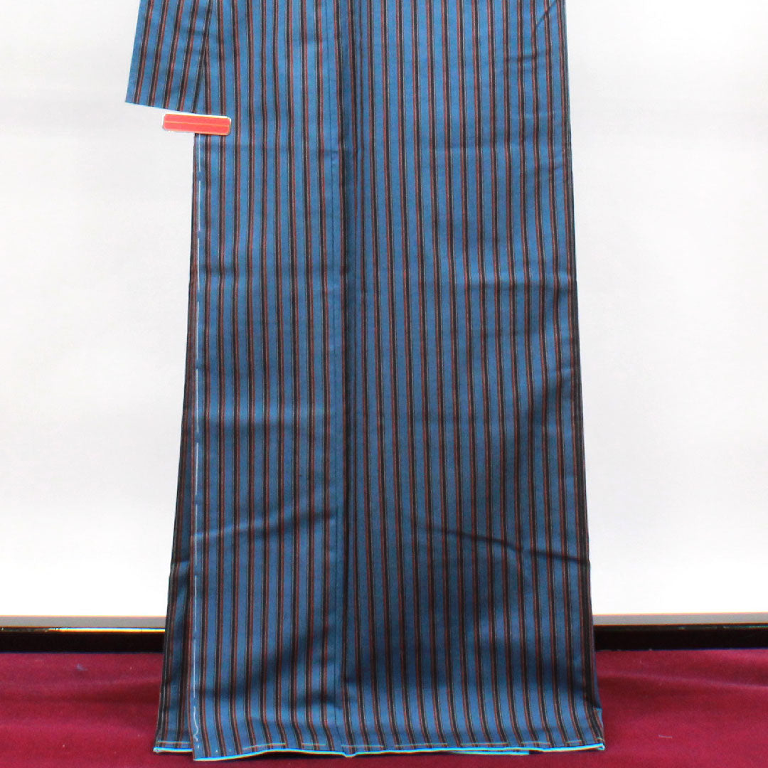 紬 身丈171cm 裄丈66.5cm 紺藤色 洗える着物 縞 しつけ糸付き 未使用品 ポリエステル Sランク 袷 青系 1116002742617