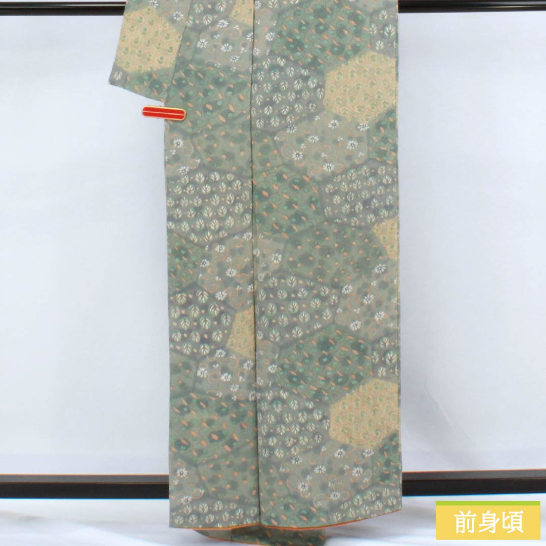 小紋 正絹 Sランク 身丈159cm 裄丈64cm 袷 利休鼠色(りきゅうねずみいろ) ちりめん地 割付 更紗 型染 緑系 1115006522319