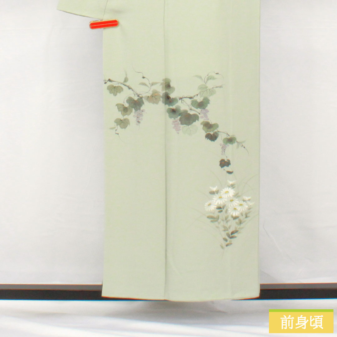 訪問着 正絹 袷 身丈155cm 裄丈65cm 白緑色(びゃくろくいろ) 草花模様 スコッチガード 付下げ Aランク 水色系 1112005453324