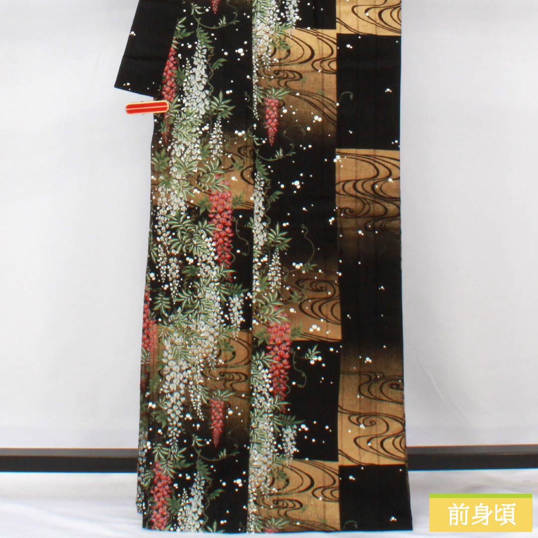 浴衣 木綿 身丈165.5cm 裄丈67cm Sランク 単衣 黒系 変わり竪絽 藤 流水 市松 1118006532510