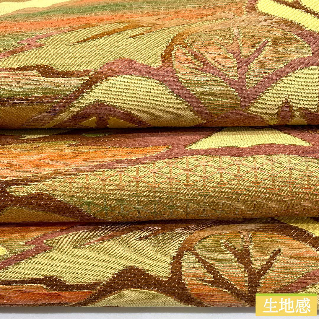 名古屋帯 土布色 遠山 抽象松 亀甲 帯丈354cm 正絹 Sランク 六通 カジュアル 黄系 1124006012323 名古屋仕立て