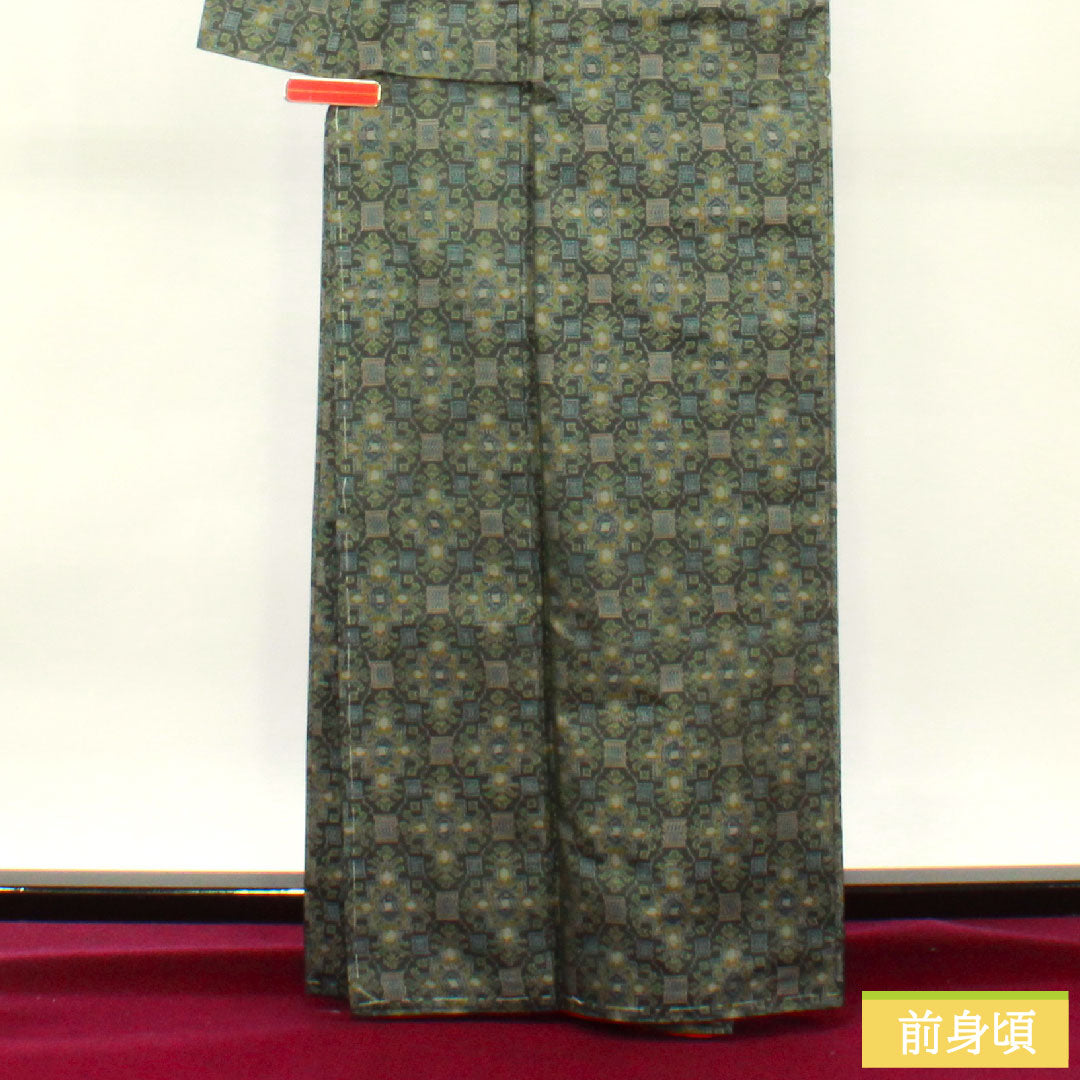 村山大島 正絹 身丈164.5cm 裄丈67cm 幾何学模様 しつけ糸付き 未使用品 Sランク 袷 緑系 1116003202419