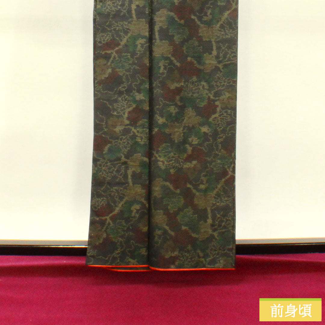 Silk pongee, Length 160cm, Sleeve length 65.5cm, Oshima pongee, Weft-total kasuri, Leaf pattern, S rank, Lined, Black, 1116003352410