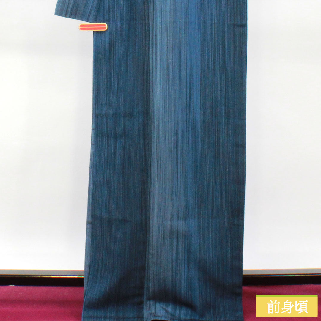 Tsumugi, pure silk, length 170cm, sleeve length 66cm, stripes, S rank, single layer, blue, 1116003682617