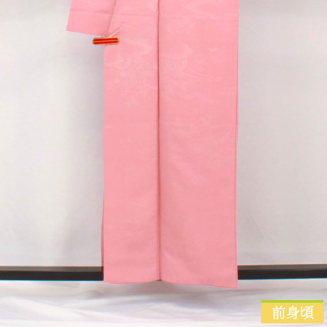 色無地 ポリエステル 身丈157cm 裄丈64cm 一重梅色(ひとえうめいろ) 綸子 花車 洗える着物 袷 Aランク ピンク系 1114002133313