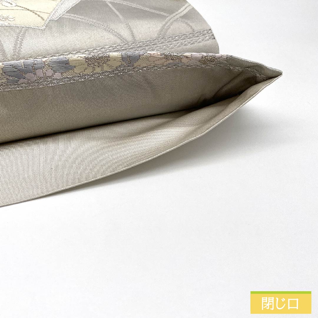 袋帯 正絹 薄鼠色(うすねずいろ) 扇面 桔梗 鼓 紅葉 帯丈428cm Aランク 六通 フォーマル グレー系 1123011823322