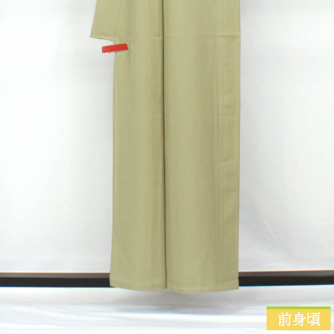 夏物 正絹 色無地 身丈156.5cm 裄丈62cm 黄鼠色(きねずいろ) 一つ紋 蔓柏 絽 Sランク 緑系 1132002062319
