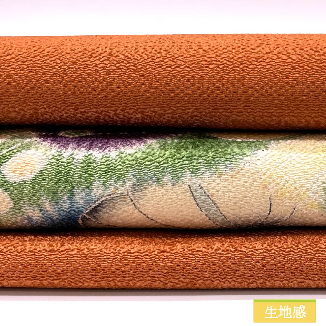 名古屋帯 赭色(そおいろ) ちりめん地 辻ヶ花 帯丈362cm 正絹 Aランク ポイント柄 セミフォーマル 橙系 1124008043326 名古屋仕立て