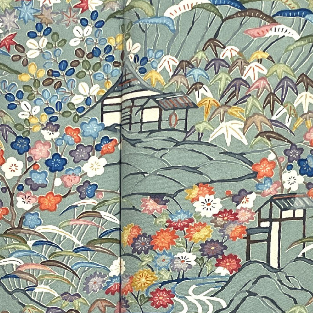 訪問着 袷 身丈155.5cm 裄丈62cm 沈香茶色 型染 茶屋辻 草花模様 正絹 Aランク グレー系 1112001783322