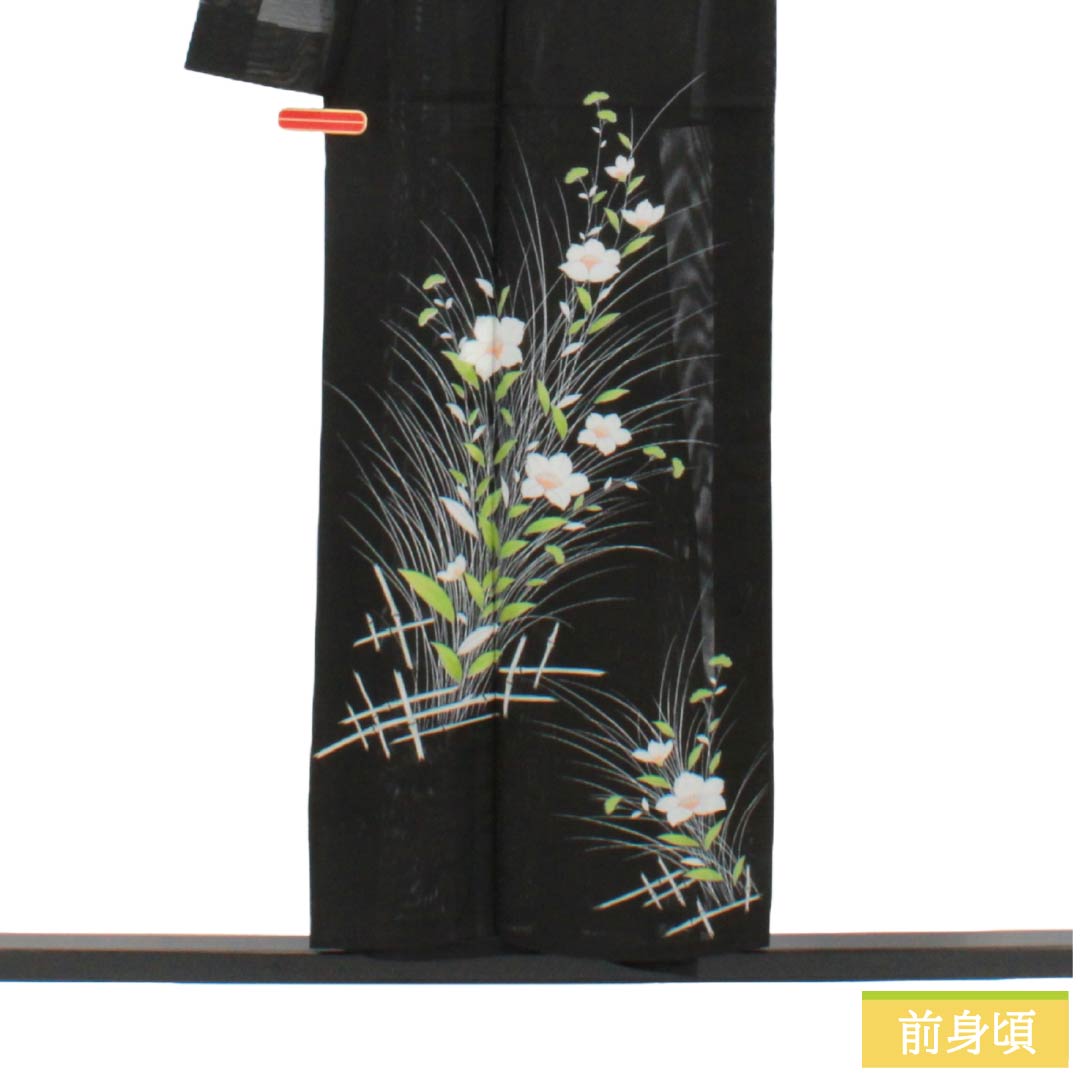 夏物 ポリエステル 付下げ Aランク 身丈153.5cm 裄丈64.5cm 草花模様 洗える着物 絽 黒系 1132005243210