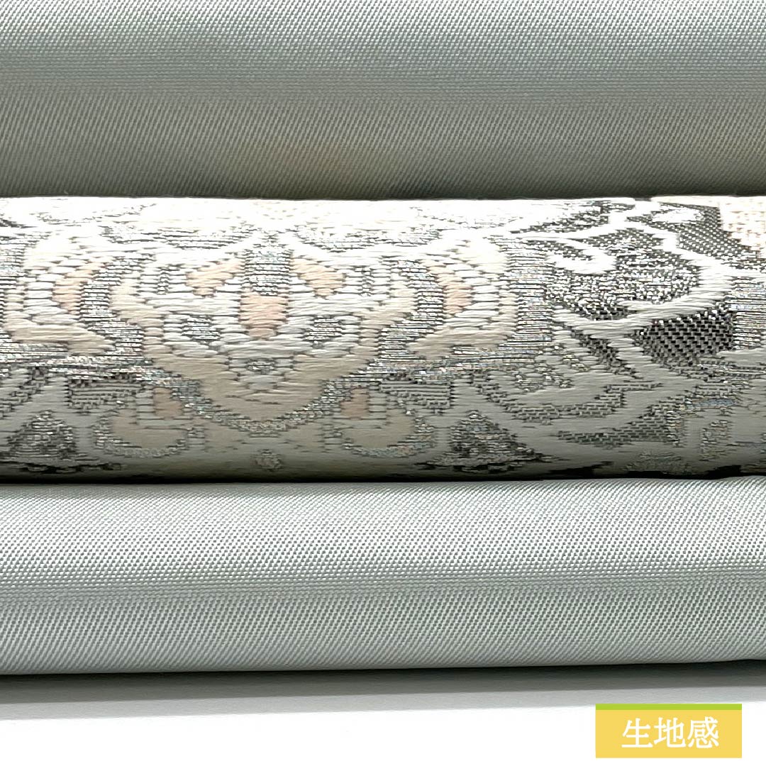 名古屋帯 正絹 Aランク 薄緑色(うすみどりいろ) 引箔 プラチナ箔 華紋 帯丈350cm ポイント柄 セミフォーマル 水色系 1124010713324 名古屋仕立て