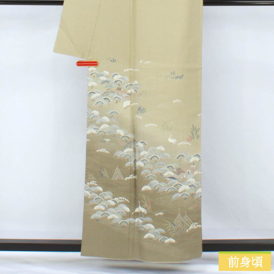 Visiting Kimono, Pure Silk, Grade A, Lined, Length 157.5cm, Sleeve Length 62.5cm, Rikyu White Brown (Rikyu Shirachairo), Kyoto Yuzen, Ivy, Single Crest, Artist's Work, Landscape Pattern, Green, Product Number: 1112007073319