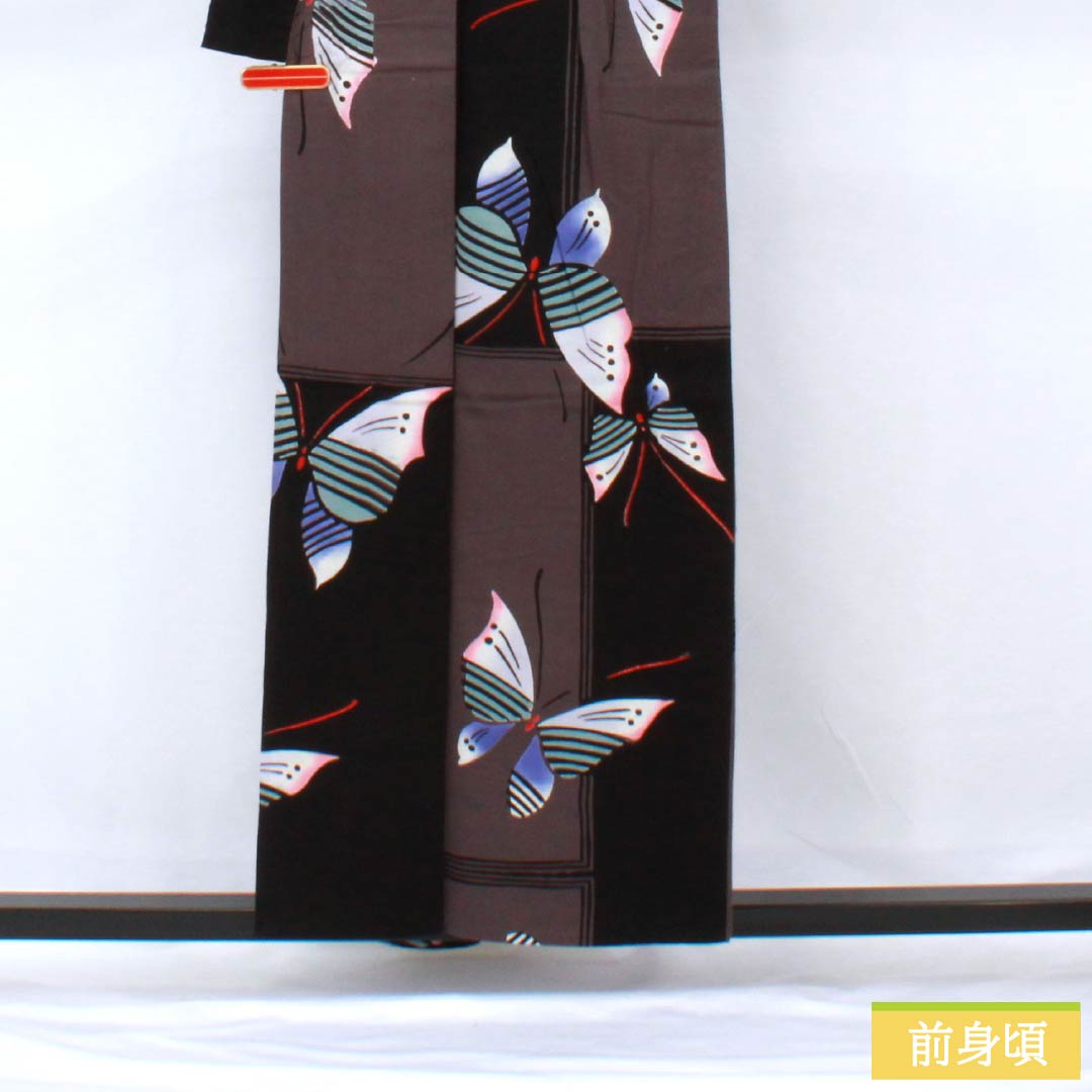 浴衣 木綿 身丈158cm 裄丈67cm Bランク 単衣 モノトーン 蒲萄鼠色(ぶどうねずいろ) 蝶 1118005824327