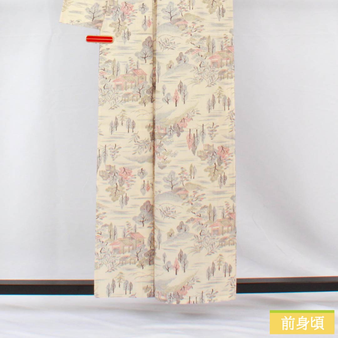 小紋 正絹 身丈157.5cm 裄丈64cm 単衣 生成り色(きなりいろ) 茶屋辻 Sランク 白系 1115005292311